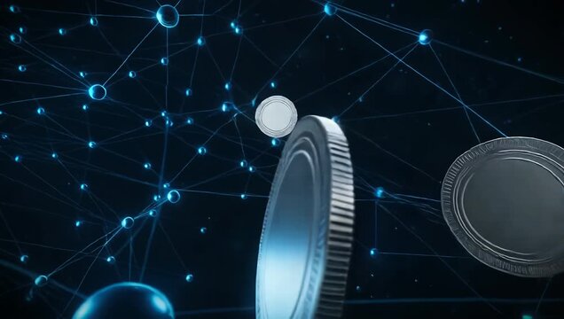 Cryptocurrency concept video, with generic metallic digital coins smoothly traveling through a futuristic glowing blockchain network of connected nodes and data lines