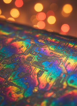 Abstract colorful circuit board with glowing bokeh lights, vivid technology background and festive Christmas concept Christmas Concept
