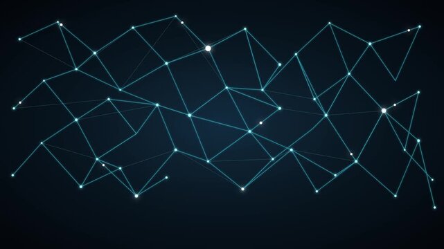 Connected glowing blue nodes and digital lines form complex networking structures in this dynamic motion video