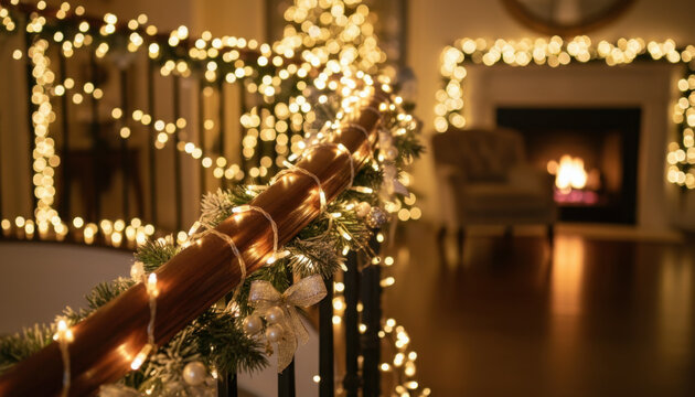 Festive Christmas garland with warm lights decorates wooden stair railing beside glowing fireplace, creating cozy holiday interior with sparkling bokeh Christmas Concept