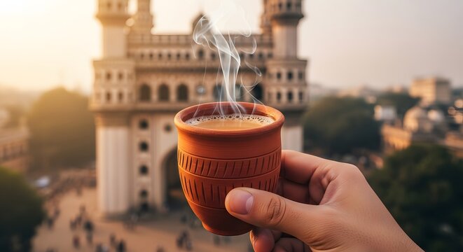 A hand holding a hot cup of tea with the Charminar monument in the background in Hyderabad, India.