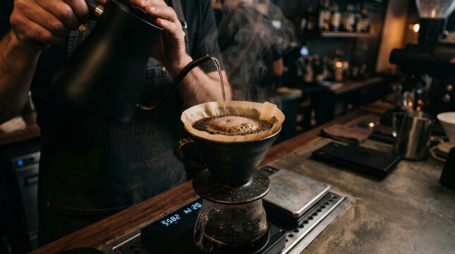 Barista pouring water for craft pour-over coffee preparation