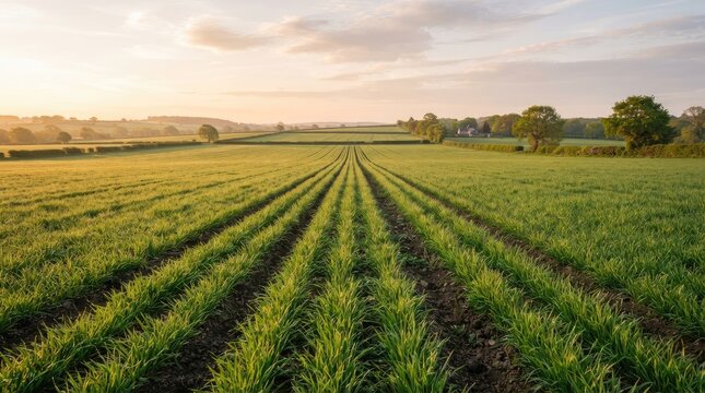 The image captures a serene rural landscape at sunrise. A vast, green field stretches out before the viewer, marked by neat, parallel rows of young crops.