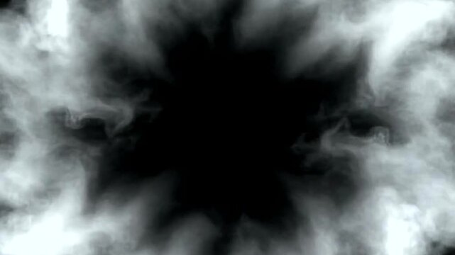Abstract swirling smoke cloud effect on black background.