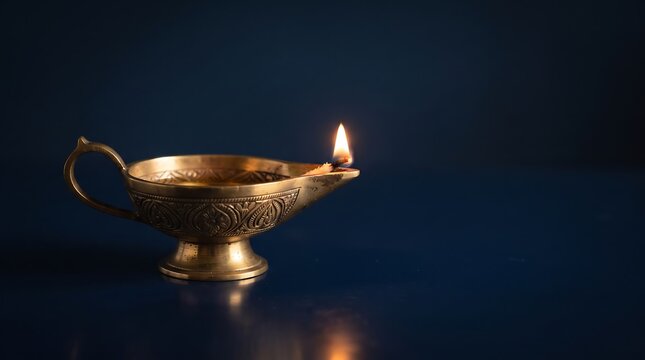 Engraved vintage brass oil lamp burning with a small bright flame against a dark blue minimal background.