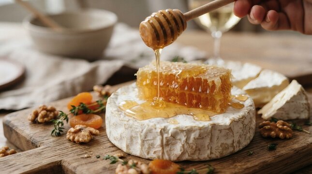 Macro Shot Honeycomb Dripping Onto Wheel Aged Brie Honey Strand Still Connecting Spoon Cheese

