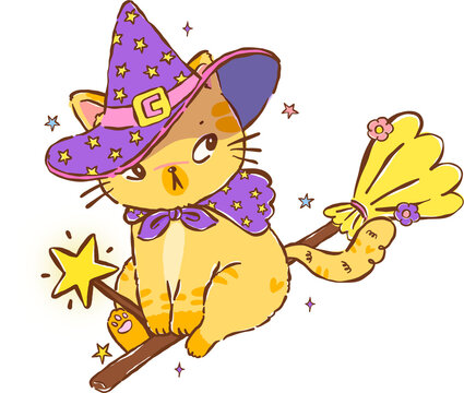 Cute Halloween Witch Cat on Broonstick Hand Drawn Illustration