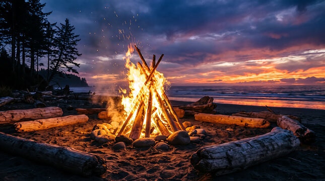 Campfire burning on sandy beach shore under dramatic sunset sky during summer evening vacation.