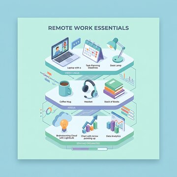 Isometric infographic of remote work essentials and office tools