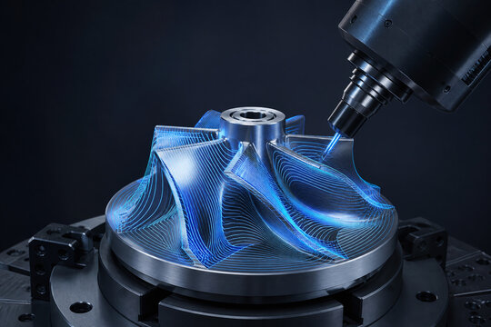 Glowing five axis toolpath on impeller surface