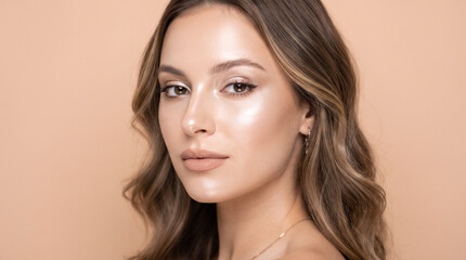 Fototapeta premium An Elegant Beauty Portrait of a Woman with Golden-Brown Balayage Waves, Flawless Shimmering Skin, and a Soft, Warm Nude Color Palette.