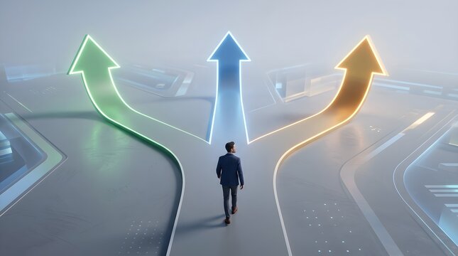 Person at Three Illuminated Paths Choosing Future Direction.