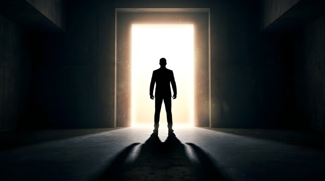 Silhouette of a Person Standing in Bright Doorway.