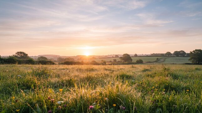 Golden Sunrise over Green Wildflower Meadow with Blue Pink Sky, Peaceful Summer Countryside Landscape, Morning Sunlight, Rural Nature, Spring Field, Scenic Horizon and Warm Golden Hour Background