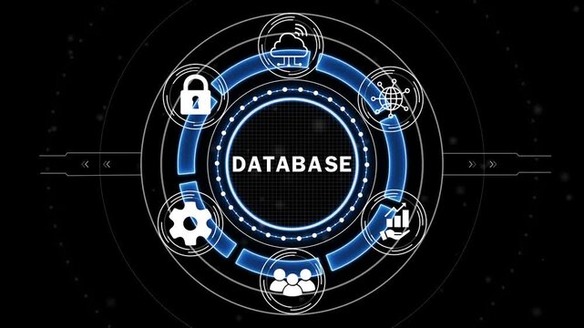 DATABASE Digital Technology Concept with Futuristic HUD Interface, Data Management, Information Storage, Analytics and Connected Network.