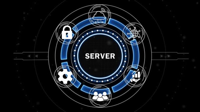 SERVER Digital Technology Concept with Futuristic HUD Interface, Cloud Computing, Data Center, Network Infrastructure and Secure Systems