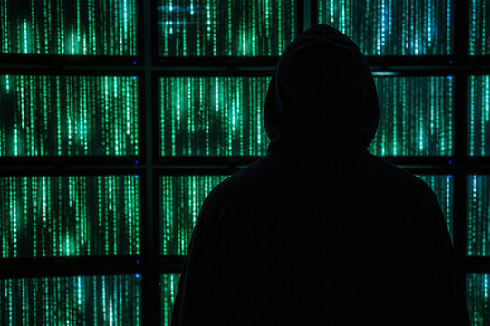 Hooded silhouette before glowing code screens