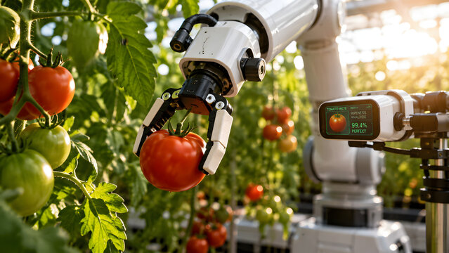 Robotic arm harvesting a ripe tomato in an automated greenhouse