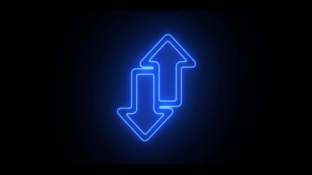 Blue neon Up and down arrow icon representing bidirectional movement, data transfer, upload and download, exchange, navigation, switching, workflow, financial transactions, and directional change.