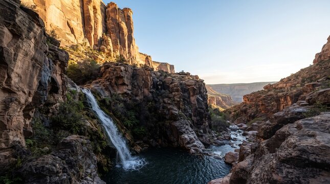  Desert Canyon Waterfall Animation Background with Rocky Cliffs and Natural Pool, Scenic Hiking Adventure, Summer Travel, Wilderness Tourism, Rugged Landscape and Dramatic Outdoor Nature