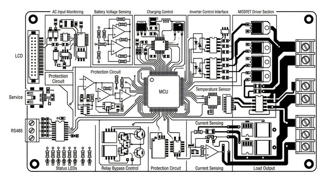 Detailed electronic circuit board schematic diagram in black and white