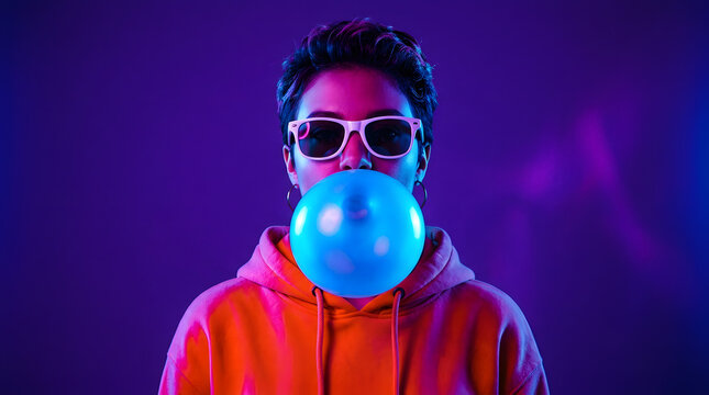 Neon Dreams: A stylish individual with sunglasses blows a vibrant blue bubblegum against a captivating neon-purple backdrop, exuding a cool, urban vibe.