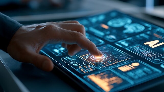 hand touching digital screen with glowing interface