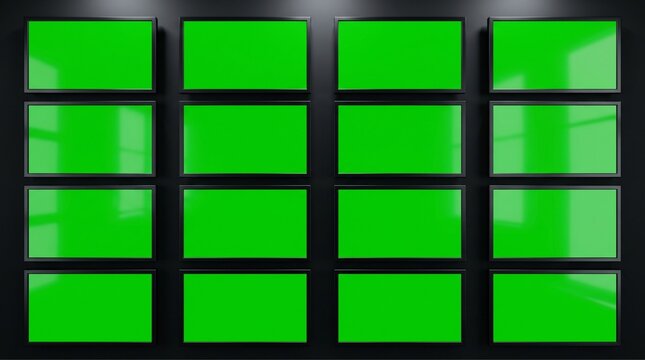 Grid of Sixteen Green Screen Monitors Displaying Chroma Key Backgrounds.