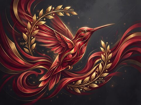 Majestic hummingbird with golden accents in dynamic flight against a dark background