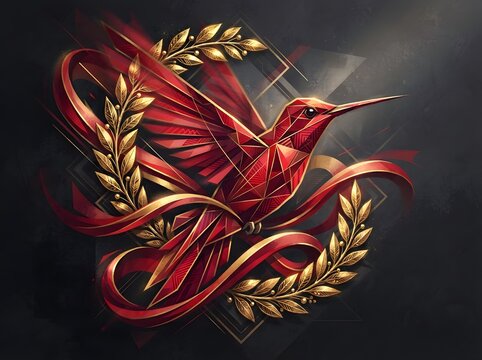 Abstract hummingbird with wheat and red floral elements against a dark background