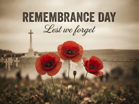 Remembrance day tribute with vibrant red poppies and a distant war memorial