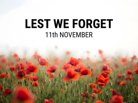 Remembrance day poppies with lest we forget message and november eleventh date