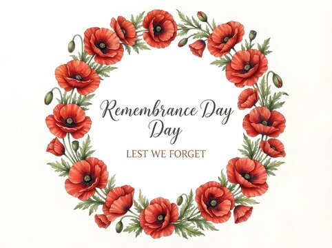 Watercolor poppy wreath with remembrance day text isolated on a white background