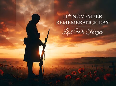 Silhouette of a soldier at sunset honoring remembrance day with poppies in foreground