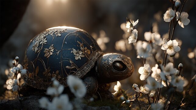 Close up of decorative tortoise with white flowers.