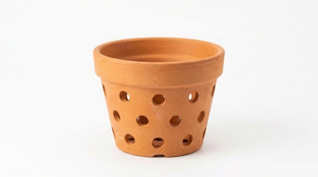 Empty terra cotta clay pot with decorative drainage holes isolated on white background plant care ceramic pot garden supplies agriculture equipment terracotta drainage gardening container