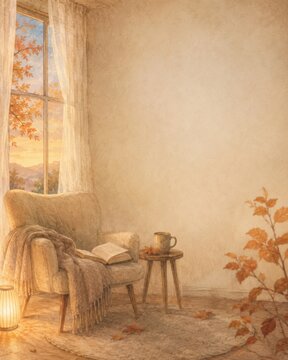 紅葉を望む暖かな読書コーナーの水彩イラスト