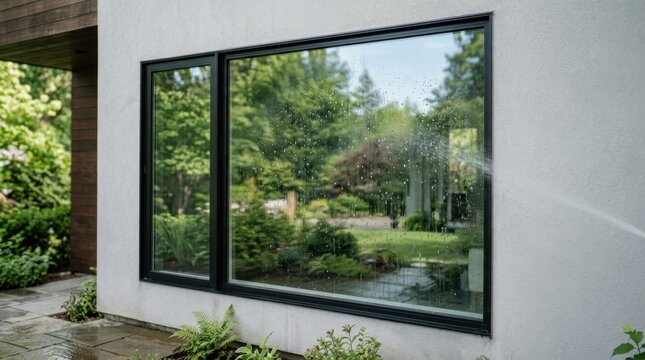 Person pressure washing large modern house window, removing stubborn dirt, demonstrating thorough exterior cleaning.