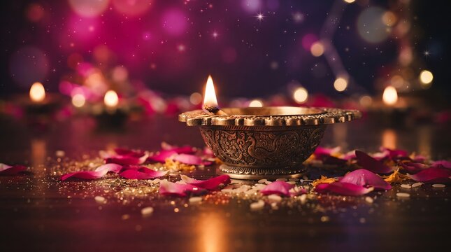 Carved brass diya lamp burning on a wooden table among rose petals and sparkles against a colorful bokeh background for Diwali.