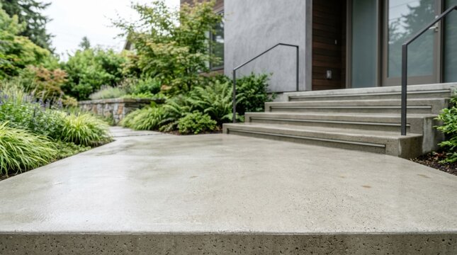 Polished concrete patio features sleek gray steps and minimalist metal railing beside lush green fern garden and modern home.