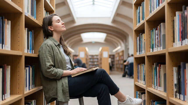 Young woman taking a mindful break from study in a library, reflecting on potential burn out, offering ample copy space for advertising educational or wellness concepts.