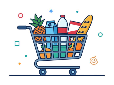 Full grocery cart vector illustration with fresh food and drinks