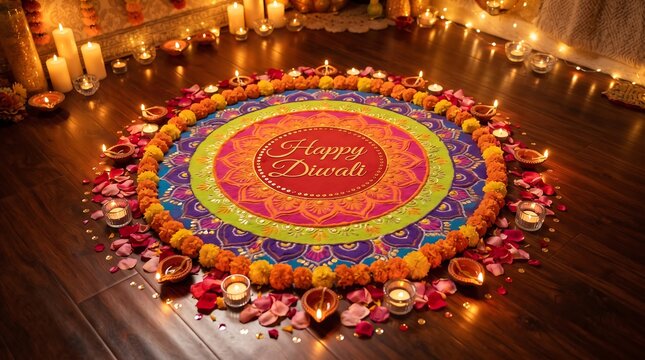 Colorful Happy Diwali rangoli art design on a wooden floor surrounded by burning oil lamps, candles, and marigold flower garlands.