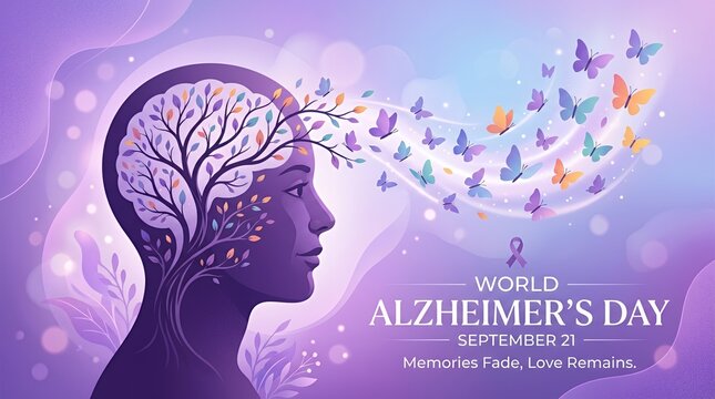 World Alzheimer&rsquo;s Day profile with brain tree and butterflies.