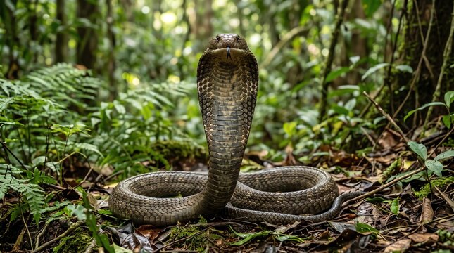 A majestic cobra snake coiled in a defensive pose within a lush, sunlit tropical forest habitat