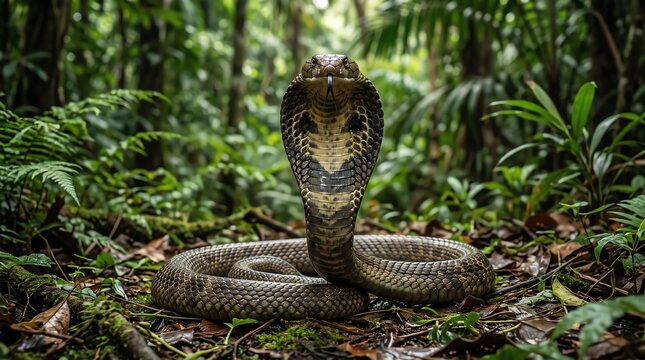 A majestic cobra snake coiled in a defensive pose within a lush, sunlit tropical forest habitat