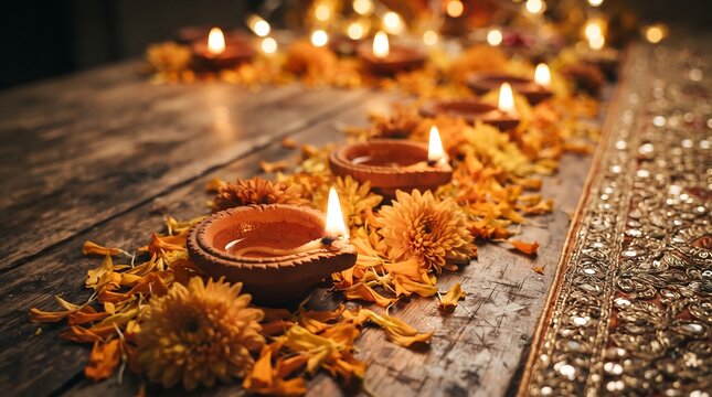 Row of burning terracotta diyas nestled in marigold flowers along a rustic wooden table with an embroidered golden runner for Diwali.