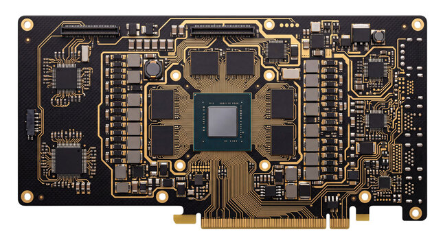 Black electronic circuit board with gold traces and isolated on png transparent background