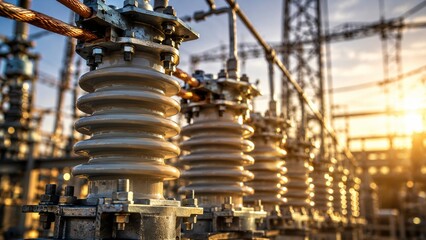 Fototapeta premium High Voltage Ceramic Insulators and Power Lines at an Electrical Substation During Sunset