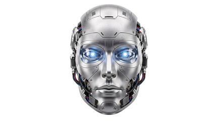 Detailed silver robot head with glowing blue eyes and isolated on png transparent background © Sumon